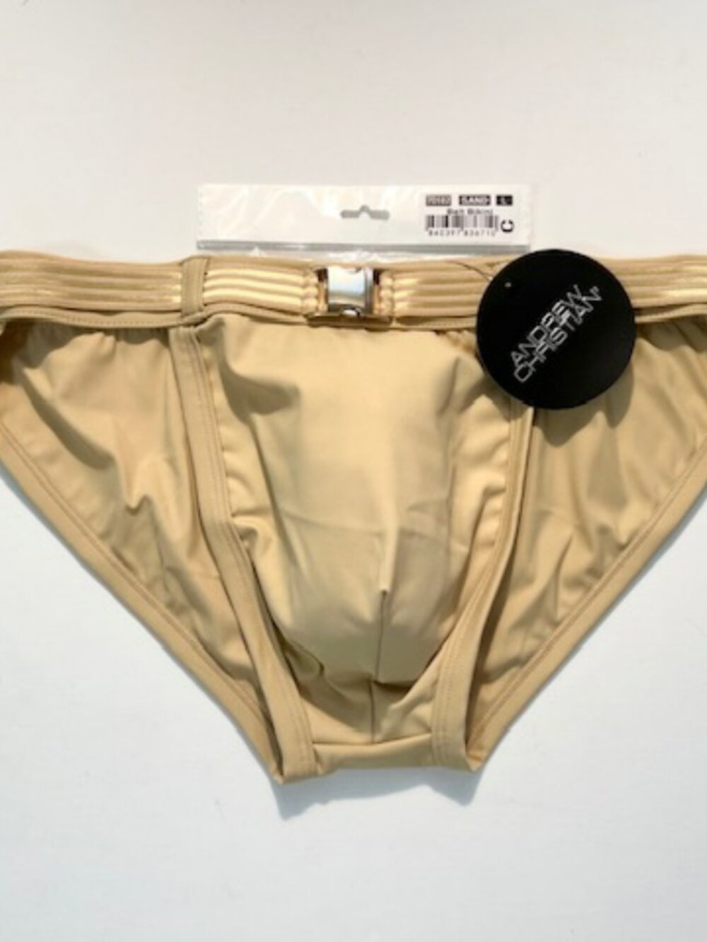 Andrew Christian Size L Solid Swim Bikini w/Striped Belt + Buckle - Sand/Gold